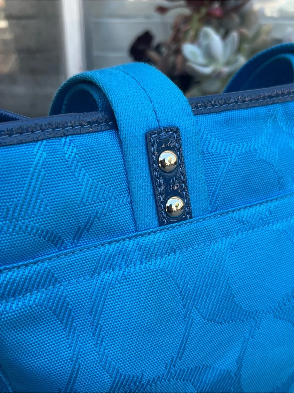 Coach Bright Blue Signature Canvas Tote with Navy Trim